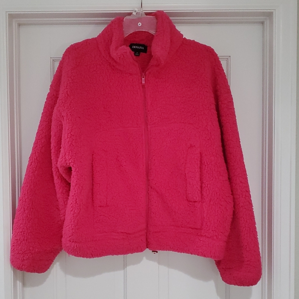 Zenena Hot Pink Sherpa Fleece Zip-Up Oversized Jacket Sz S